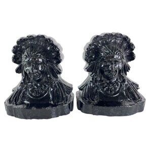 Native American Chief Bookends Painted Black Wood Hand Carved 6" 1.9 Pounds Each